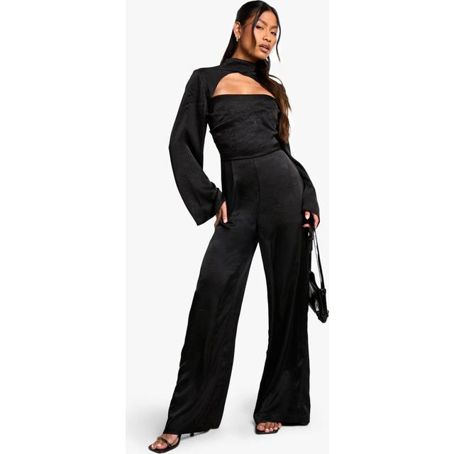 Womens Textured Satin High Neck Jumpsuit - Black - 10