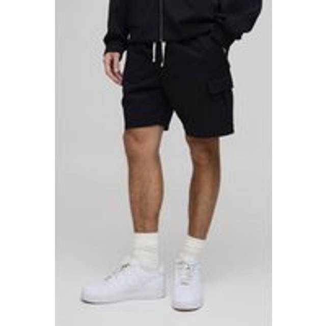 Elasticated Waist Black Relaxed Fit Cargo Shorts - M