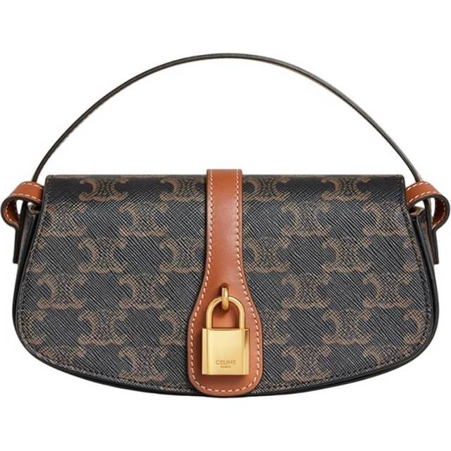 Celine Triomphe Canvas and Calfskin Clutch On Strap - Gold Tone (Size 7  x 4  x 2)