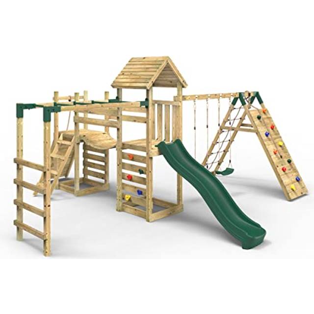 Double Tower Climbing Frame with Flexible Bridge, Swing & Slide - Dolomite - Rebo