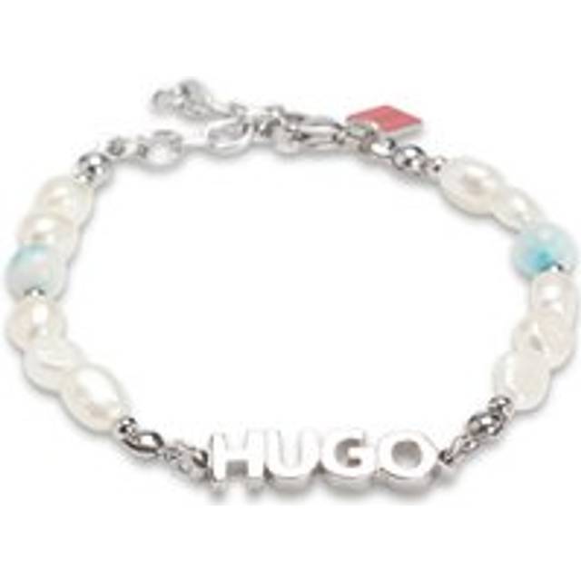 Logo cuff with pearls and coloured stones - Silver tone