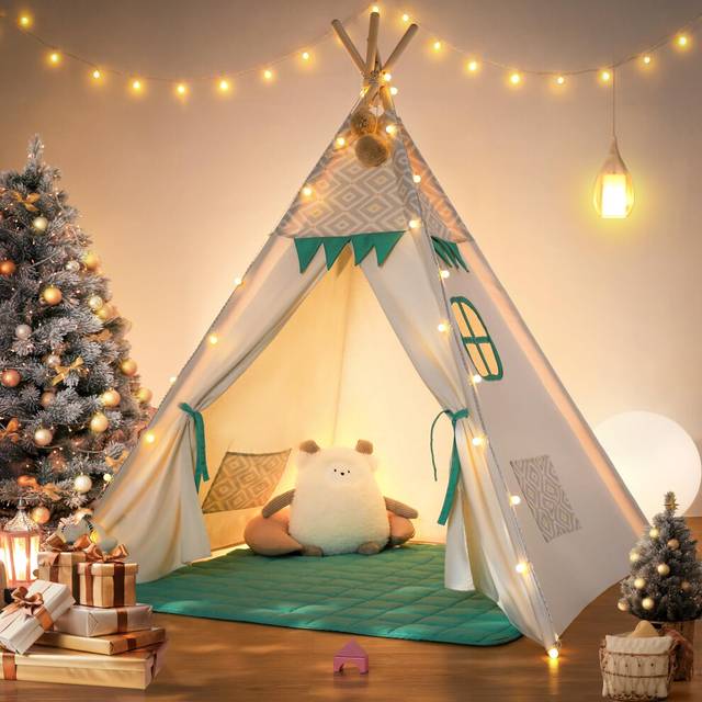 besrey Teepee Tent for Kids with Padded Mat&Light, Kids Tents Cotton Indoor Playhouse, Large Kids Tipi Tent, Play Tent for Toddler Boys Girls, Foldabl