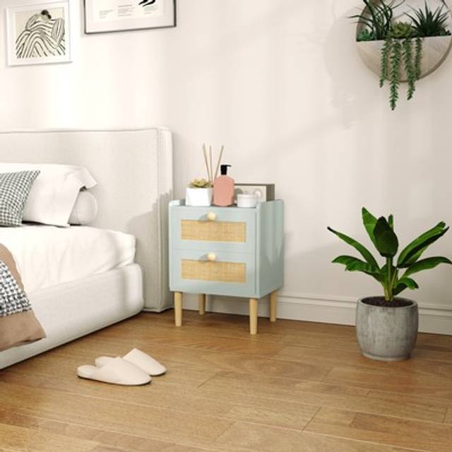 HOMCOM Bedroom Chest of Drawers, Boho Rattan Dresser with 2 Drawers, Storage Cabinet for Living Room, Hallway, Entryway, Light Blue