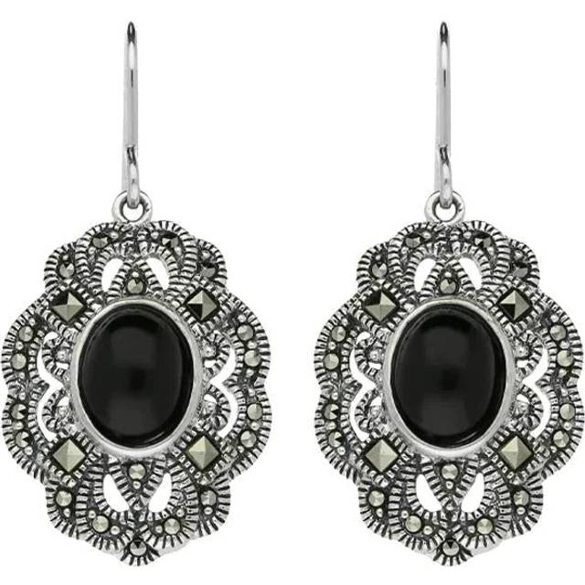 Sterling Silver Whitby Jet Marcasite Lace Edge Oval Drop Earrings