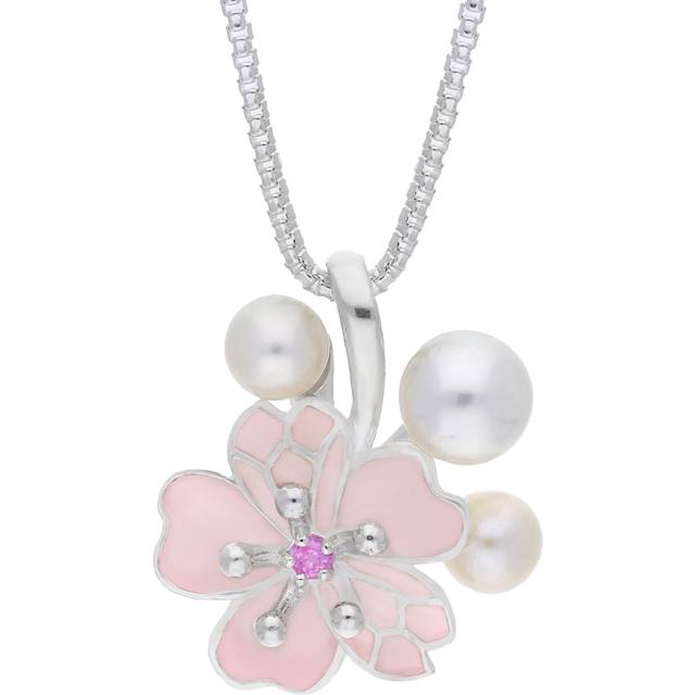 Sterling Silver Pearl and Pink Sapphire Cherry Blossom Flower Pendant