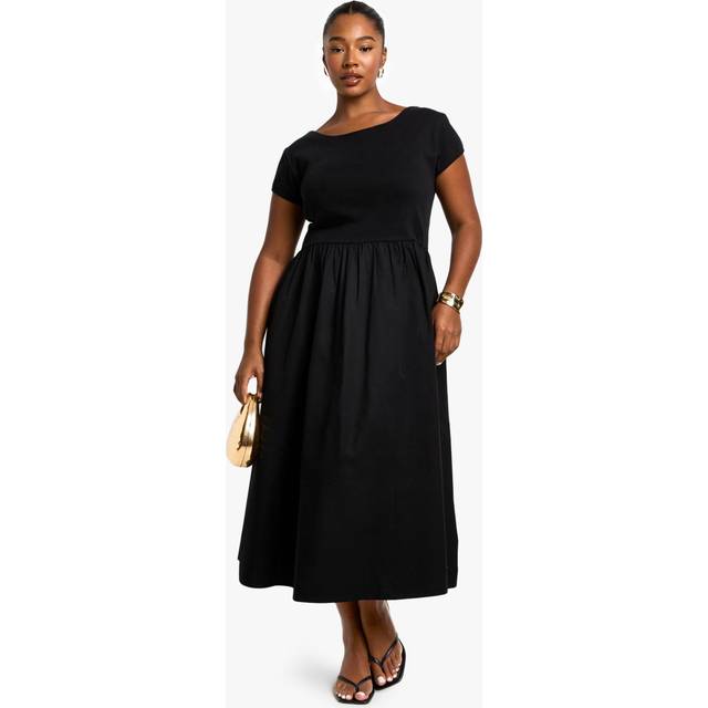 Womens Plus Rib Cotton Poplin Short Sleeve Smock Dress - Black - 22