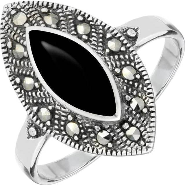 Sterling Silver Whitby Jet Marcasite Vintage Edge Marquise Ring - Silver