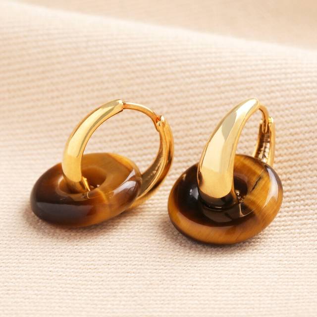Semi-Precious Tiger's Eye Loop Charm Huggie Hoop Earrings in Gold - brown/gold - one size