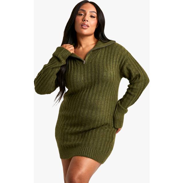 Womens Plus Soft Knit Thick Rib Zip Neck Oversized Mini Dress - Green - 20, Green