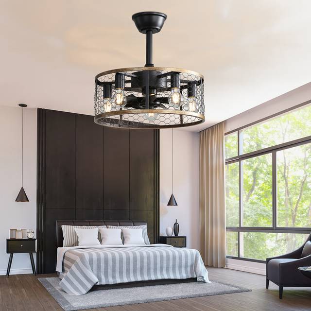 51CM 7 - Blade Caged Ceiling Fan With Remote Control And Light Kit Included - Black (20cm)