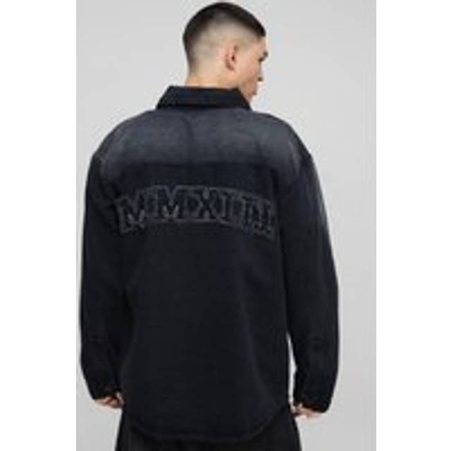 Oversized Acid Wash Applique Denim Shirt - Black - XS