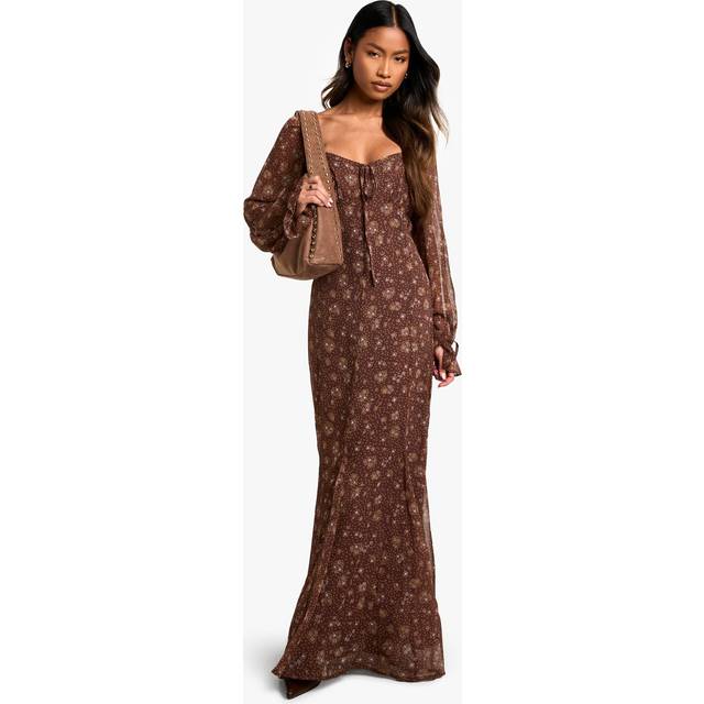 Womens Ditsy Floral Crinkle Chiffon Milkmaid Maxi Dress - Chocolate - 12