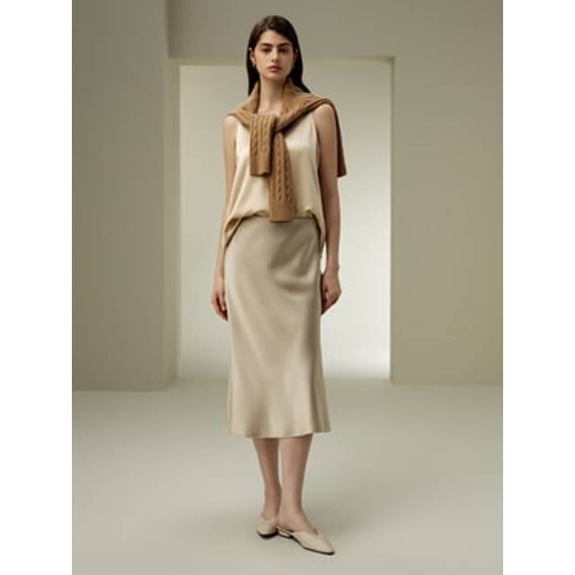 LILYSILK Silk Midi Skirt 100% Silk Slant Cut Design Classic UK Light Apricot UK 20