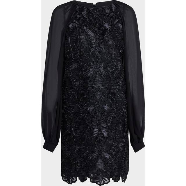 Sheer Blouson-Sleeve Ribbon Mini Dress - BLACK - 8