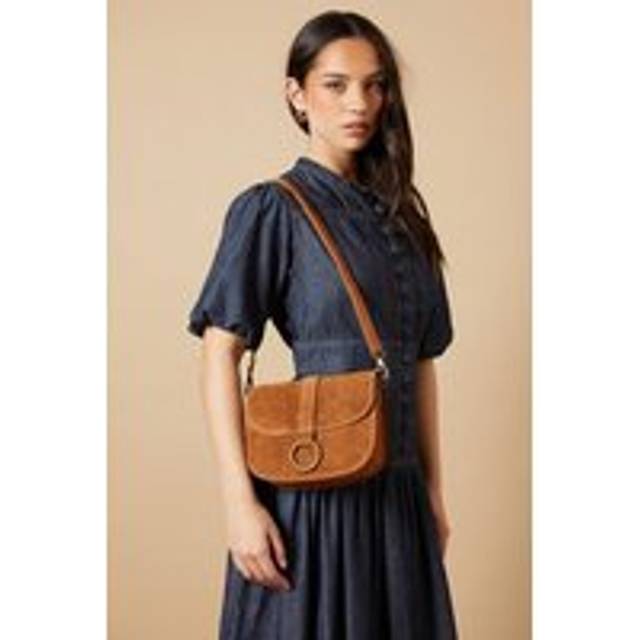 Thessina Suede Structured Ring Detail Cross Body Saddle Bagtan - Taupe,Tan,Khaki,Coral - One Size