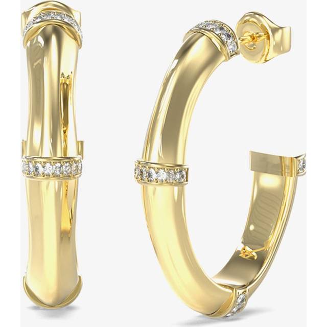 Guess Bamboo & Crystal 32mm Gold Tone Hoop Earrings