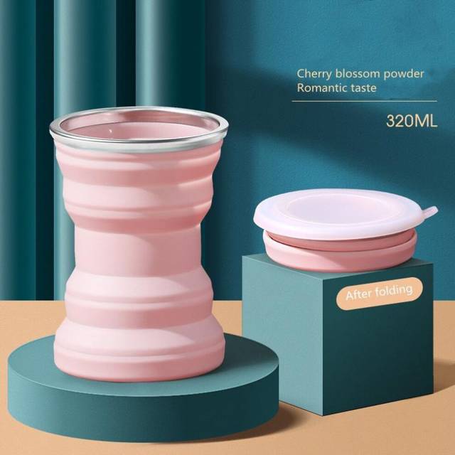 (pink) Portable Silicone Foldable Water Cup Outdoor Heat Resistant Mug With Lid Collapsible Travel Drinking Cup