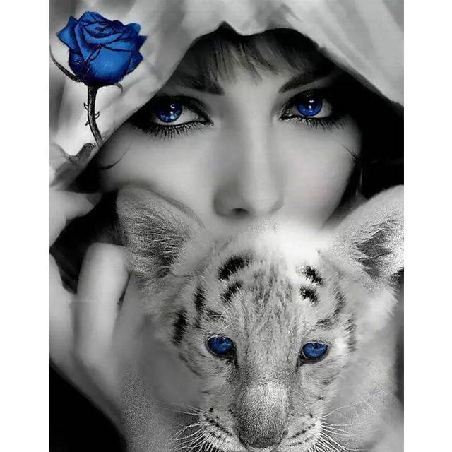 Diy Woman Tiger Diamond Painting Diamond Embroidery Round Diamond Mosaic Black White Picture 20X30CM