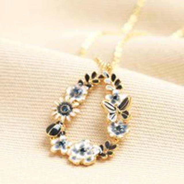 Enamel Blue Flower and Bee Teardrop Pendant Necklace in Gold - gold/blue/white - one size