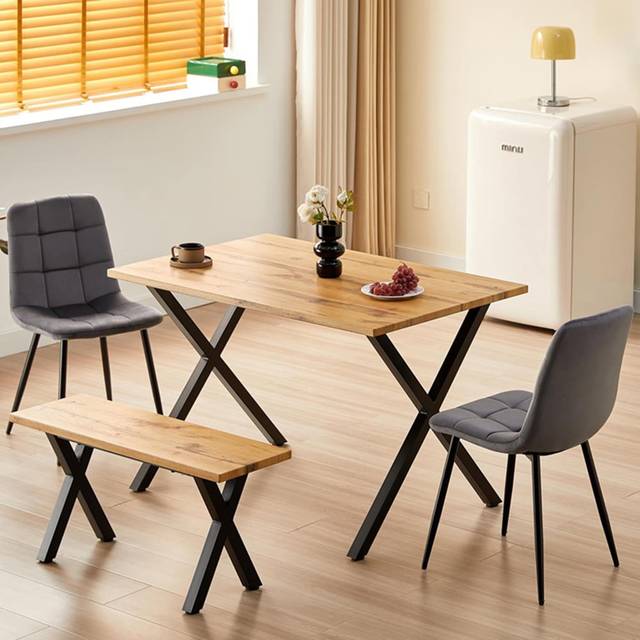 Kosy Koala Wooden Dining Table With Metal Legs And 2 Grey Velvet Rocco Chairs And Bench, Multi