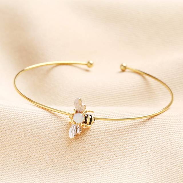 Adjustable Opal Bee Open Bangle in Gold - gold/white - one size