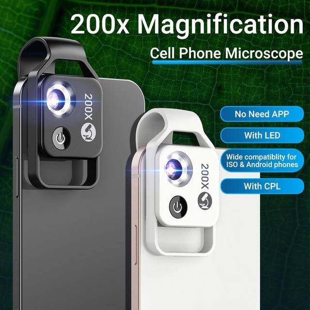 200X Portable Microscope Universal Mobilephone Microscope with 6 LED Lights 2 Level Brightness With CPL white