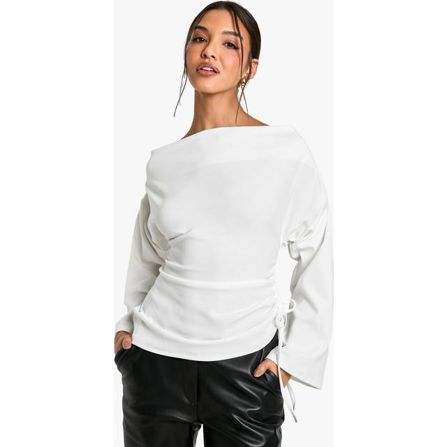 Womens Scuba Crepe Off Shoulder Wide Sleeve Blouse - White - 8