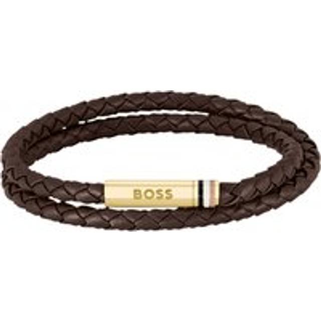 Brown braided-leather cuff with logo closure - Dark Brown