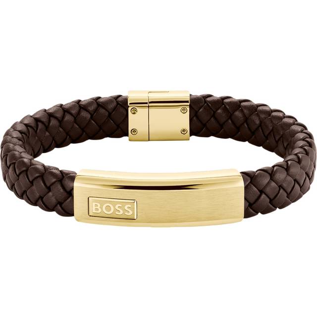 Brown braided-leather cuff with gold-tone logo plate - Dark Brown