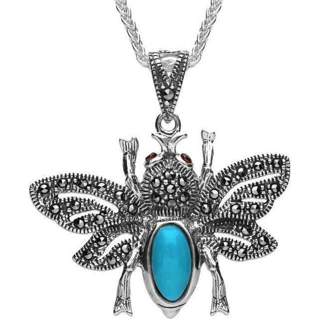 Sterling Silver Turquoise Marcasite Garnet Bee Pendant Necklace - Silver
