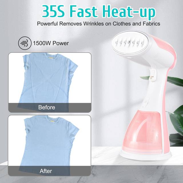 1500W Steamer för kläder 2 i 1 Tyg Rynkor Remover och klädestrykjärn 35s Snabbuppvärmning 300ml UK Plug rosa