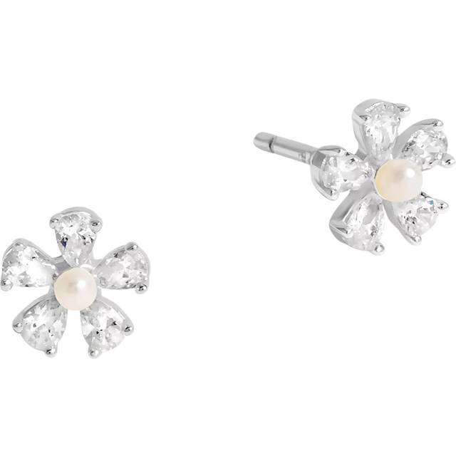 Sterling Silver 925 Cubic Zirconia and Pearl Flower Stud Earrings - One Size