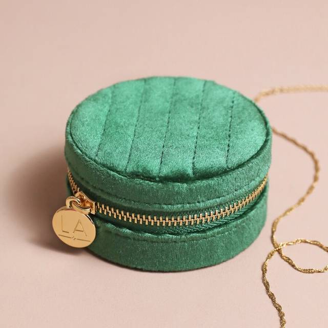 Quilted Velvet Mini Round Travel Jewellery Case in Green - green/cream - one size