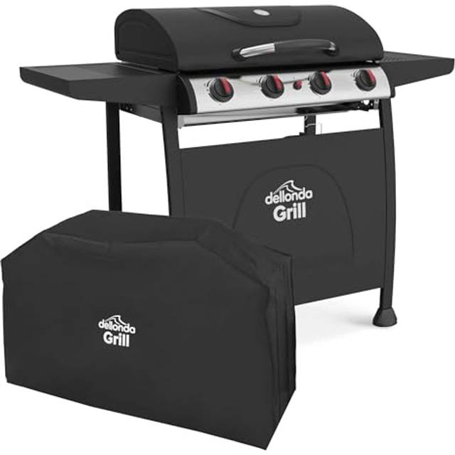 Dellonda 4 Burner Gas BBQ Grill Piezo Ignition, Built-In Thermometer and Cover, Black/Stainless Steel - DG229, Black