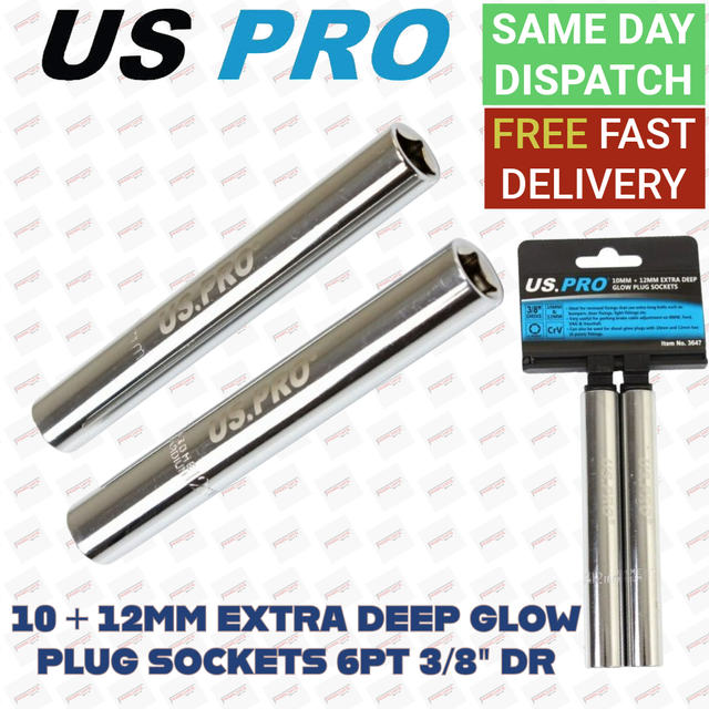 US PRO verktyg 10 mm + 12 mm extra djup glöd plugg uttag 6PT 3/8" DR 3647