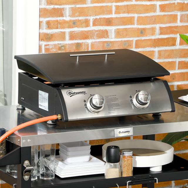 Outsunny Portable Tabletop Gas Plancha Grill W/ 2 Stainless Steel Burner, 10kw, Non-stick Griddle For Bbq Camping Picnic Party