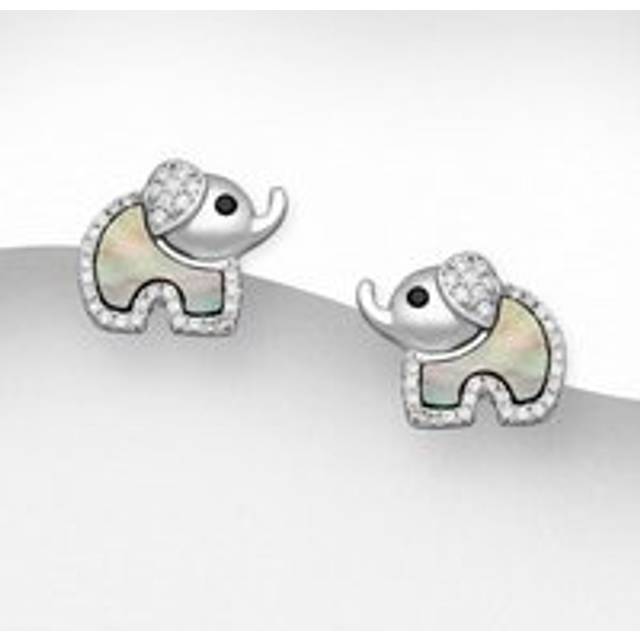 John Greed Signature Silver CZ Mother Of Pearl Elephant Black Stud Earrings For Women - black/silver