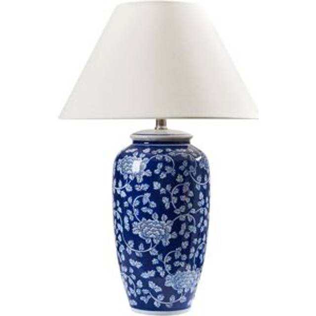Beliani - Stylish Table Lamp with a Floral Design Porcelain Base Drum-Shaped Linen Shade Lighting Bedroom Living Room Blue and White Angeles