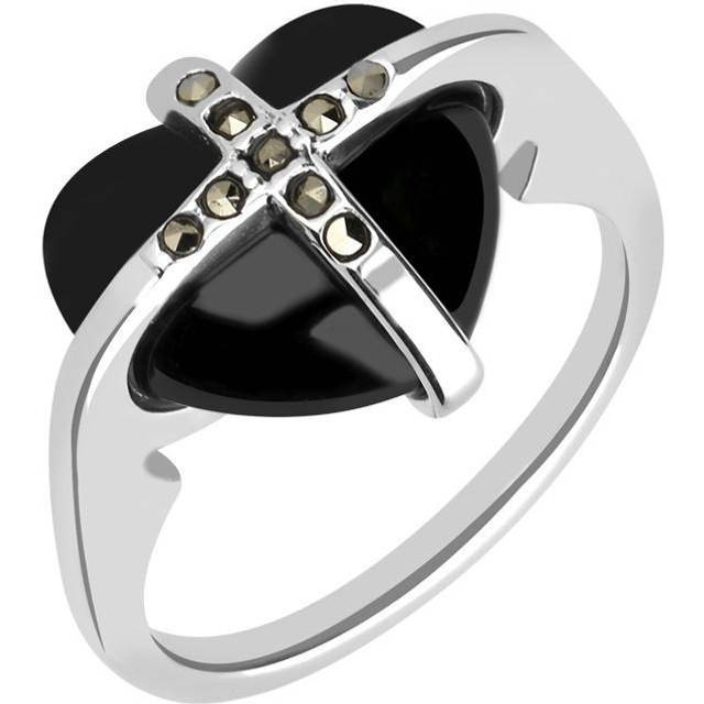 Sterling Silver Whitby Jet Nine Stone Marcasite Small Cross Heart Ring - Silver