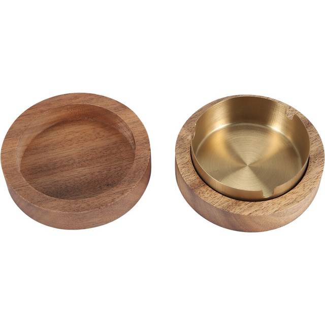 Walnut Ashtray with Lids Windproof Wooden Portable Ash Holder for Smokers Desktop Office,Men's Gift(Gold)