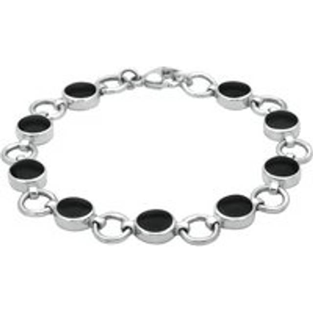 Sterling Silver Whitby Jet Nine Stone Round Ring Bracelet - Silver