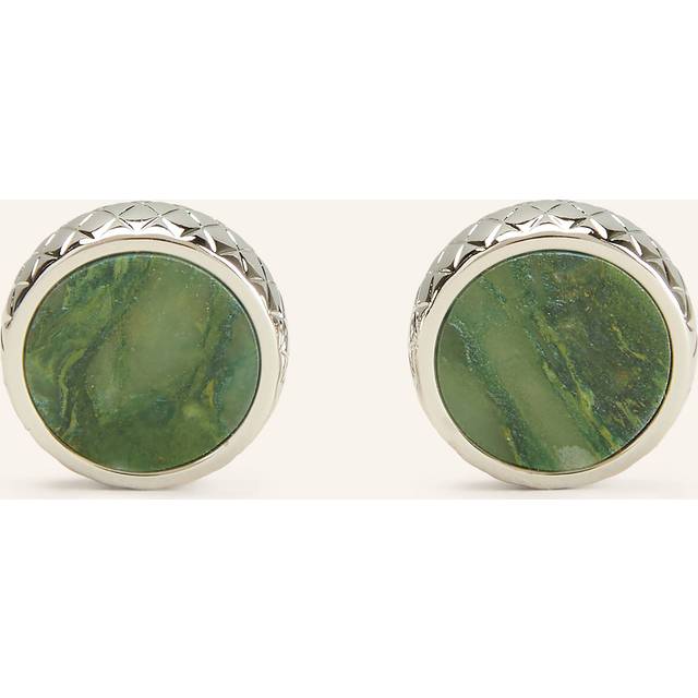 Round textured brass cufflinks with gemstone inlay - Green