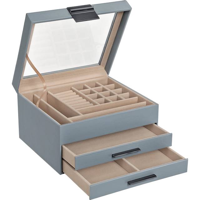Songmic smyckeskrin med glaslock, 3-vånings smyckeskåp med 2 lådor, smyckeförvaring, massor av förvaring, modern stil, present till nära och kära, rök