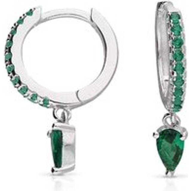 John Greed Signature Silver Emerald Glass Teardrop Hoop Earrings For Women - green/silver