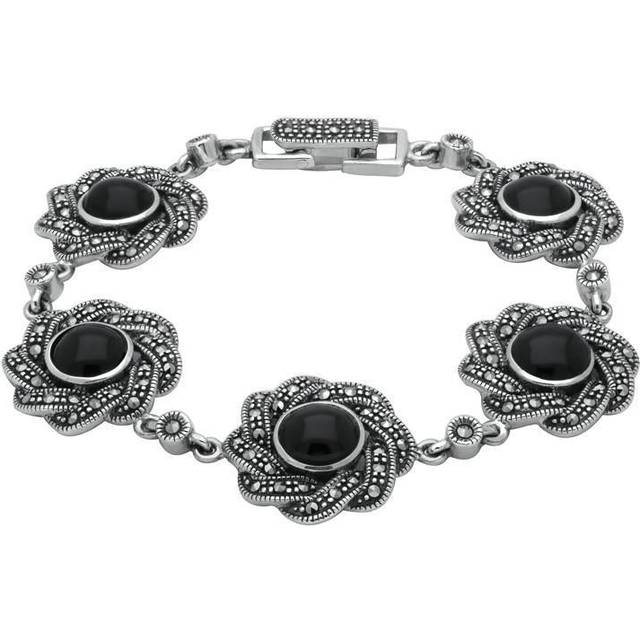Sterling Silver Whitby Jet & Marcasite Twisted Ribbon Bracelet - Silver