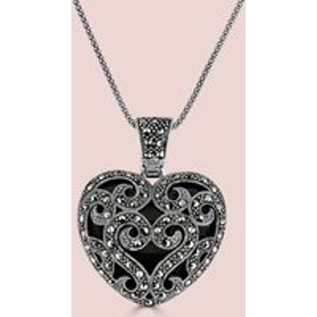 John Greed Signature Silver Marcasite & Onyx Heart Necklace For Women - silver