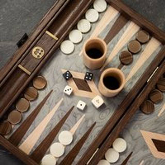 Manopoulos Pearly Grey Vavona & Oak/Wenge Inlaid Backgammon Set - Travel - add a Personalised Brass Plaque