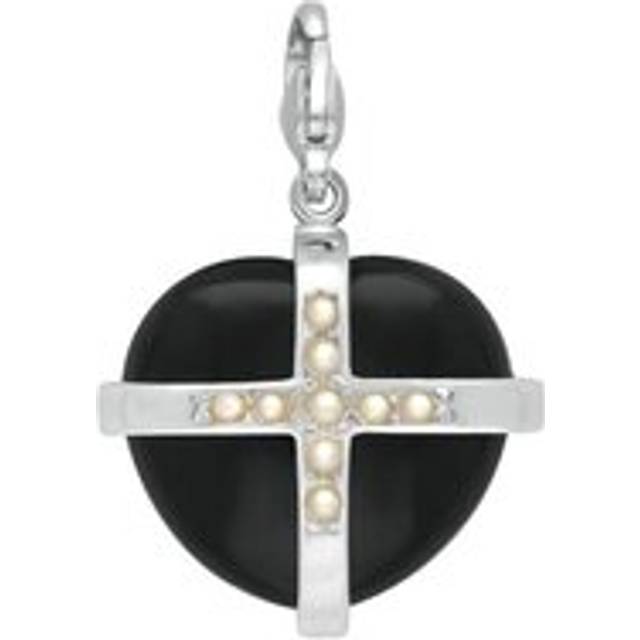Sterling Silver Whitby Jet Nine Pearl Large Cross Heart Charm - Option1 Value Silver