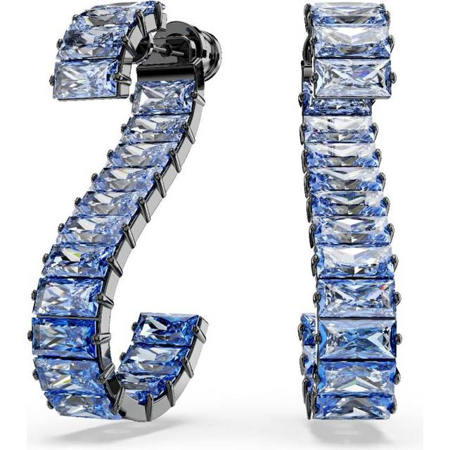 Matrix drop earrings, Baguette cut, Blue, Ruthenium plated