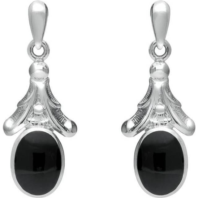 Sterling Silver Whitby Jet Oval Leaf Drop Stud Earrings - Option1 Value Silver